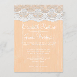 Peach Rustic Lace & Barn Wood Wedding Invitations