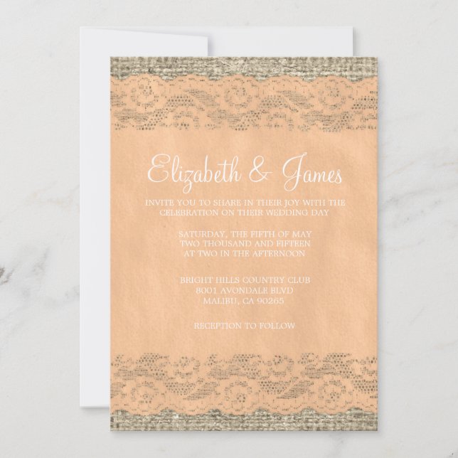 Peach Rustic Lace Wedding Invitations (Front)