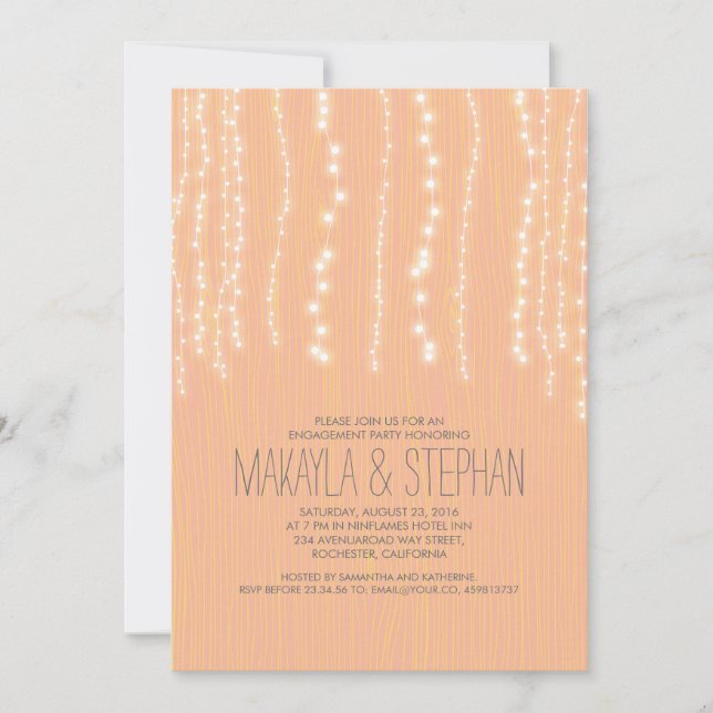 Peach Rustic String of Lights Engagement Party Invitation (Front)