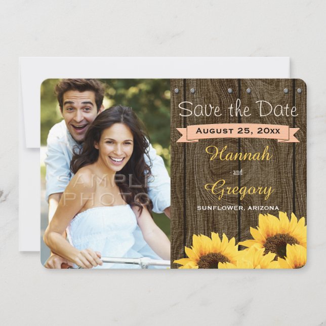 PEACH RUSTIC SUNFLOWER SAVE THE DATE CARD (Front)
