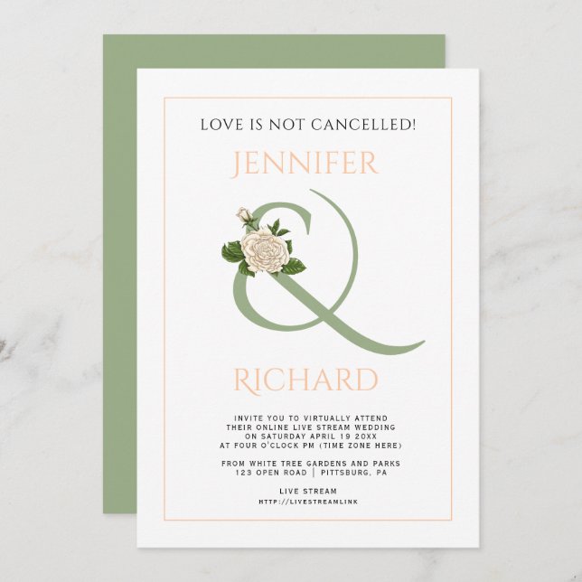 Peach, sage green ampersand rose virtual wedding invitation (Front/Back)