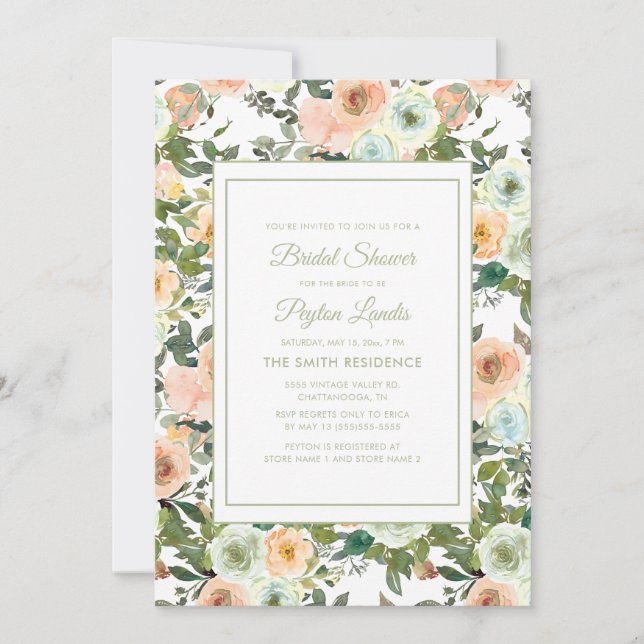 Peach Sage Green Dusty Blue Floral Bridal Shower Invitation (Front)