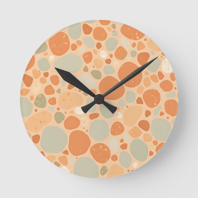 Peach Sage Green Pebble Pattern Abstract Organic  Round Clock (Front)
