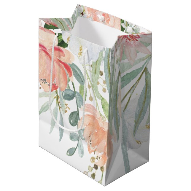 Peach Sage Green Watercolor Flowers MEDIUM Bags (Front Angled)