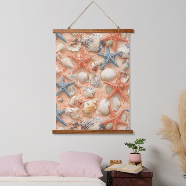 Peach Sand Seashell Starfish Coastal Pattern Hanging Tapestry (Bedroom)