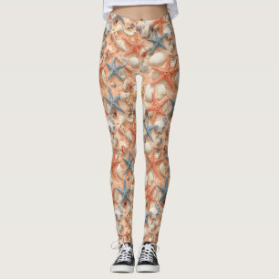Peach Sand Seashell Starfish Coastal Pattern Leggings