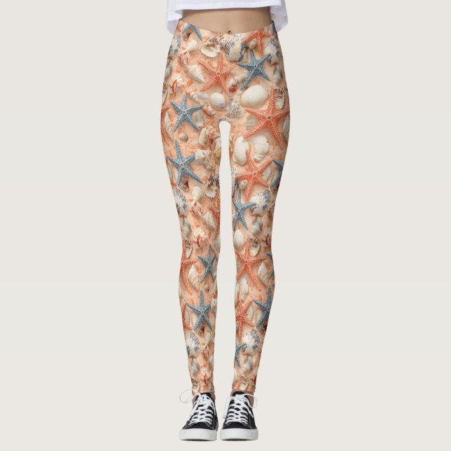 Peach Sand Seashell Starfish Coastal Pattern Leggings (Front)
