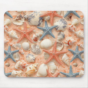 Peach Sand Seashell Starfish Coastal Pattern Mouse Mat