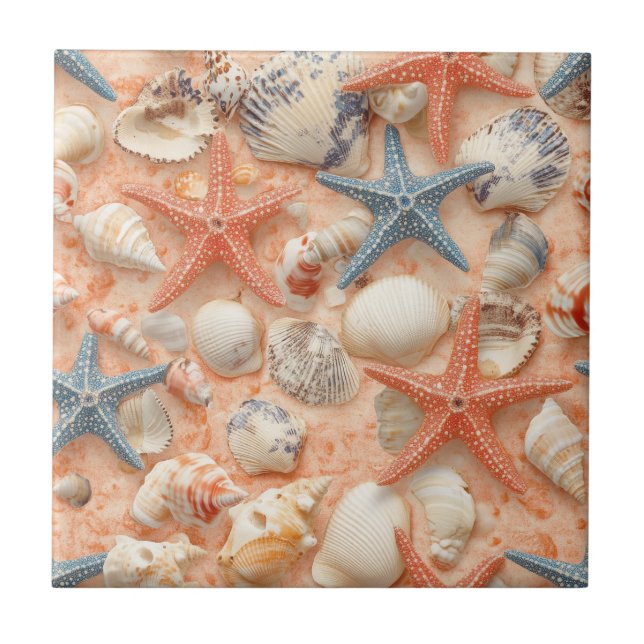 Peach Sand Seashell Starfish Coastal Pattern Tile (Front)