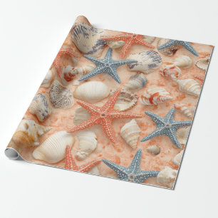Peach Sand Seashell Starfish Coastal Pattern Wrapping Paper