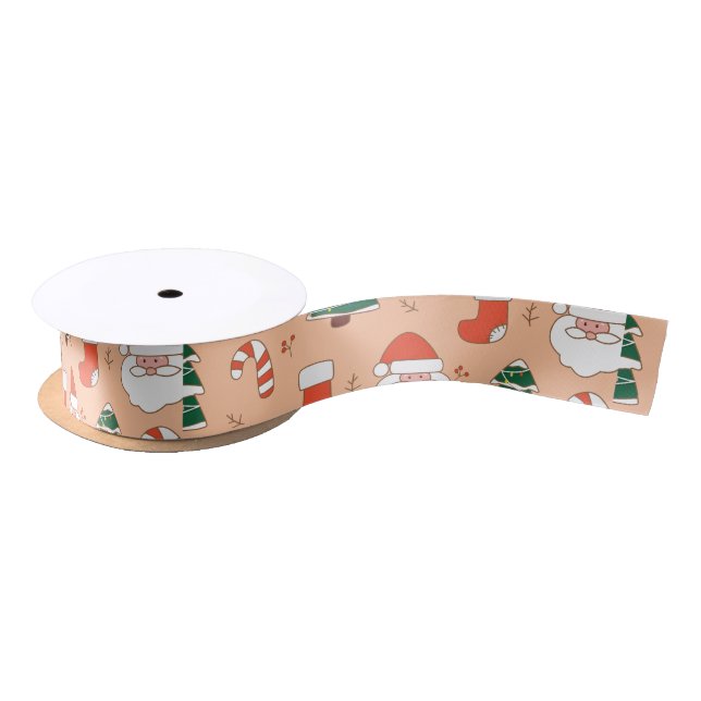 Peach Santa and Candy Cane  Satin Ribbon (Spool)