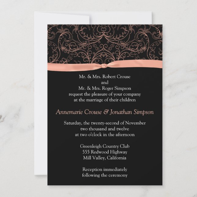 Peach Scrolls and Ribbon Wedding Invitation (Front)