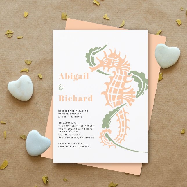Peach seahorse with sage green seaweed wedding invitation (Creator Uploaded)