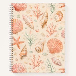 Peach Seashell Starfish Watercolor Coastal Pattern Notebook