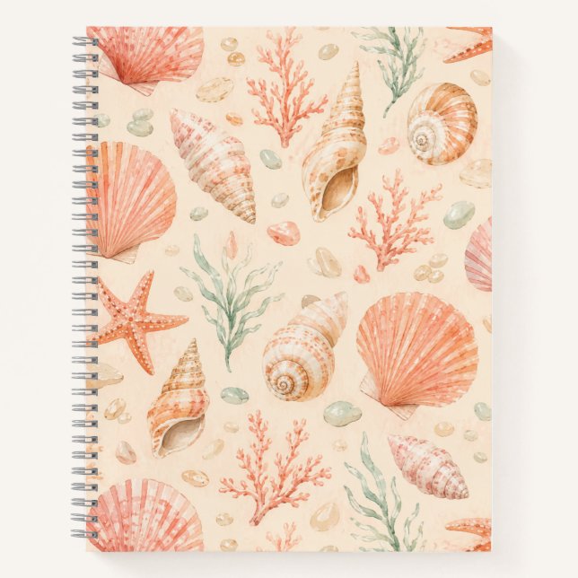 Peach Seashell Starfish Watercolor Coastal Pattern Notebook (Front)