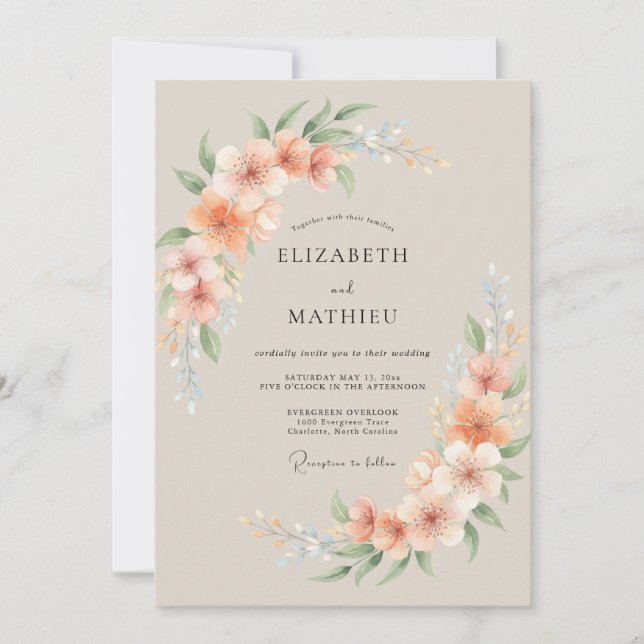 Peach Serene Watercolor Wedding Invitation (Front)