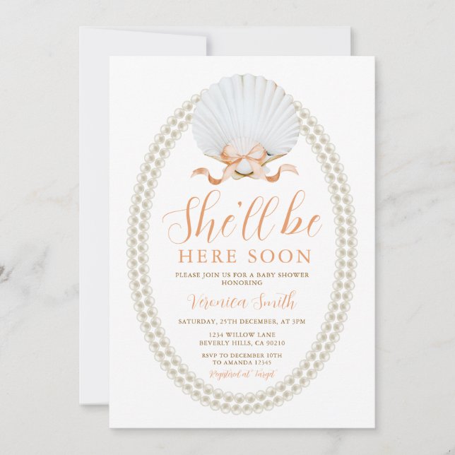  Peach She'll Be Here Soon Sea Shell Baby Shower Invitation (Front)