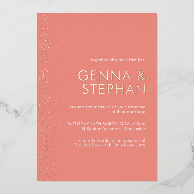 Peach Shimmer foil wedding invitation card (Front)