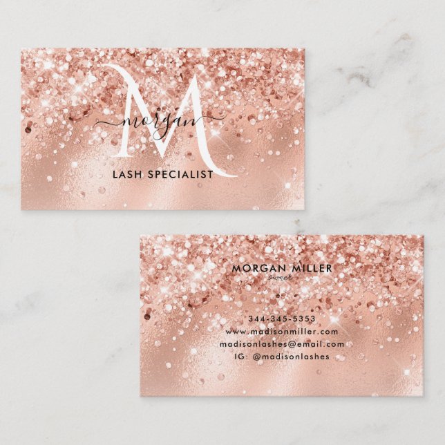 Peach Shimmer Glitter Rose Gold Monogram Business Card (Front/Back)