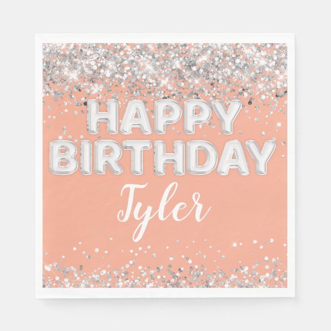 Peach Silver Birthday Party Napkin (Front)