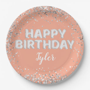 Peach Silver Birthday Party Paper Plate