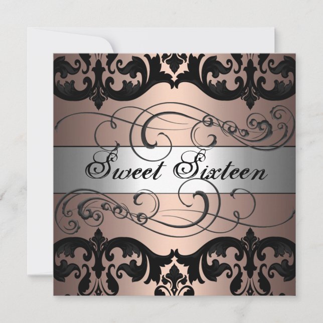 Peach/Silver Damask Sweet 16 Birthday Invitation (Front)