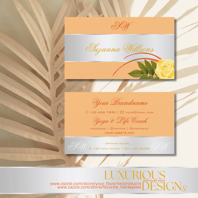Peach Silver Decor Cute Rose Flower with Initials Business Card (Creator Uploaded)