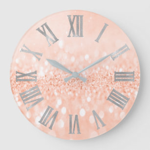 Peach Silver Glitter Coral Metal Roman Numbers Large Clock