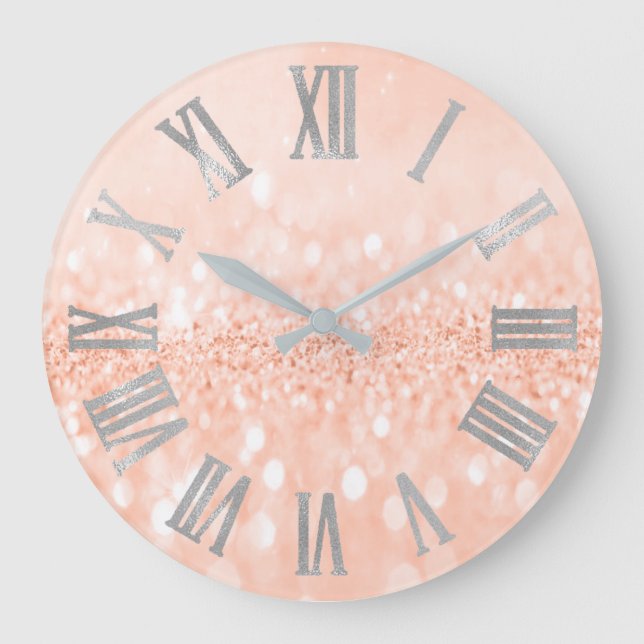 Peach Silver Glitter Coral Metal Roman Numbers Large Clock (Front)