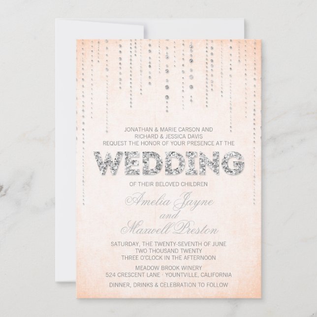 Peach & Silver Glitter Look Wedding Invitation (Front)
