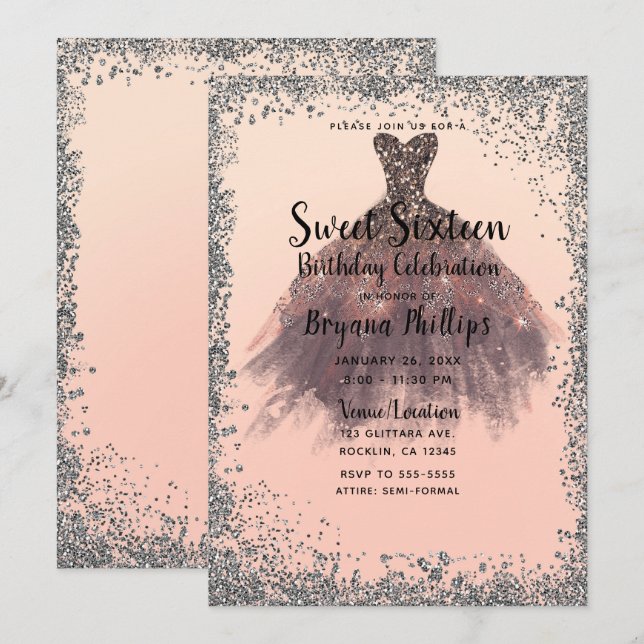 Peach & Silver Glitter Party Dress Glam Sweet 16 Invitation (Front/Back)