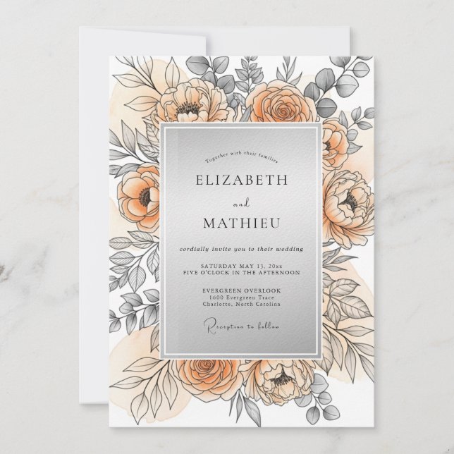 Peach Silver Refined Spring Wedding Invitation (Front)
