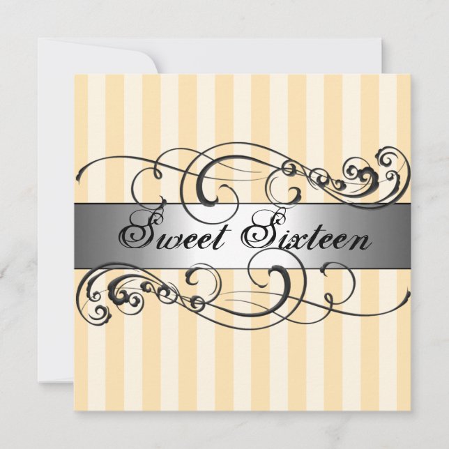 Peach & Silver stripe Sweet 16 Birthday Invitation (Front)