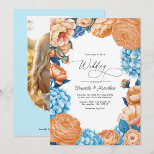 Peach & Sky Blue Watercolor Floral Wedding QR Code Invitation