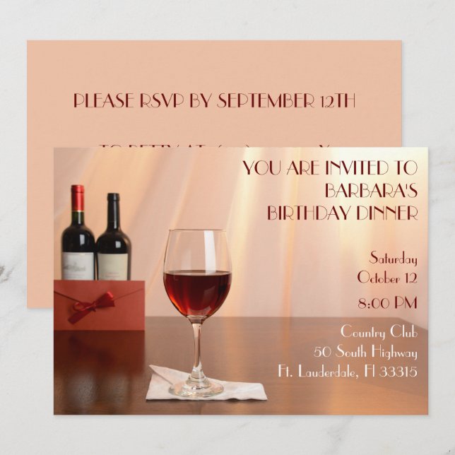 Peach Sophisticated Red wine birthday  party  Invitation (Front/Back)