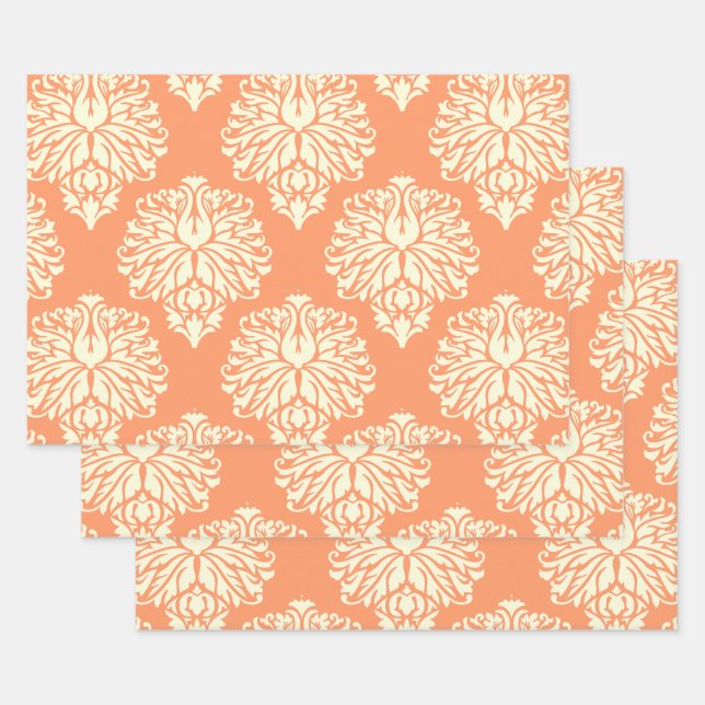 Peach Southern Cottage Damask Wrapping Paper Sheet (Set)