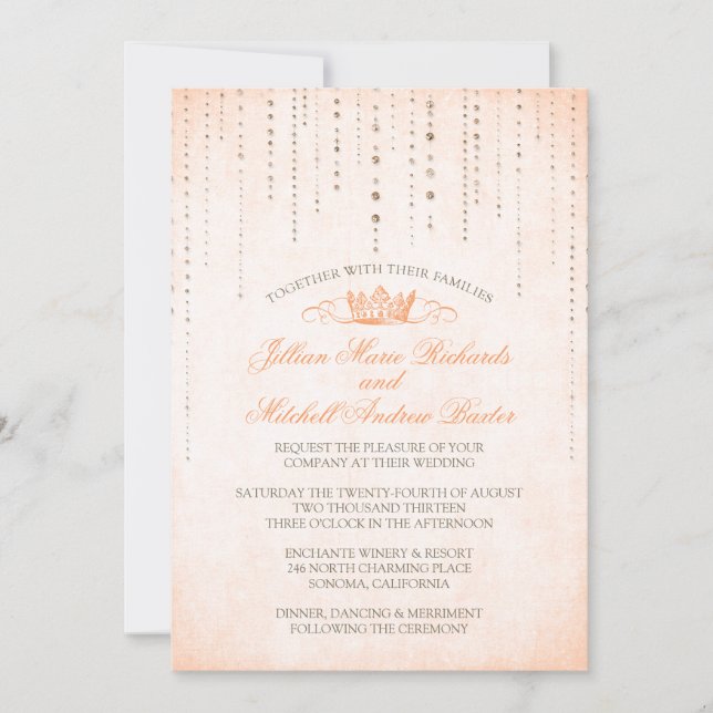 Peach Sparkles & Crown Fairytale Wedding Invitation (Front)