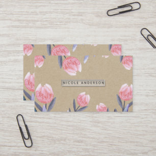 Peach Spring Watercolor Tulips Rustic Kraft Chic Business Card