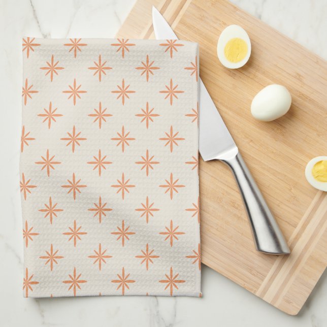 Peach Stars on Cream Atomic Midcentury Pattern Tea Towel (Quarter Fold)