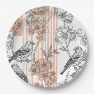 Peach Stripe Floral Bird Elegant (1) Paper Plate