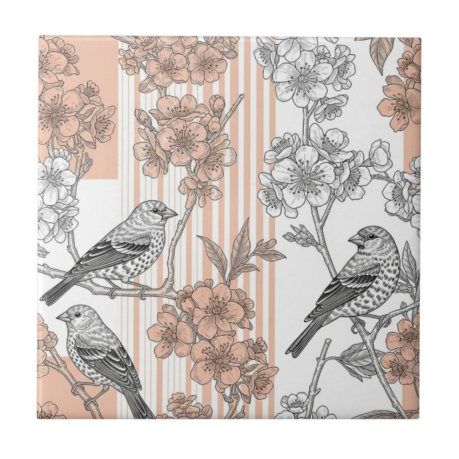 Peach Stripe Floral Bird Elegant (1) Tile (Front)