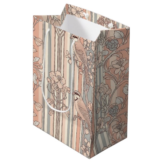 Peach Stripe Floral Bird Elegant (2) Medium Gift Bag (Front Angled)