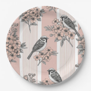 Peach Stripe Floral Bird Elegant (2) Paper Plate
