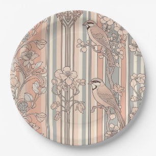 Peach Stripe Floral Bird Elegant (3) Paper Plate