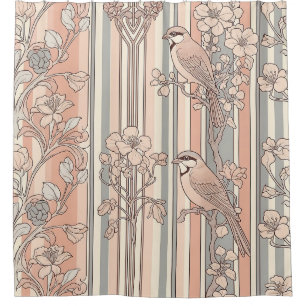 Peach Stripe Floral Bird Elegant (3) Shower Curtain