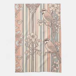 Peach Stripe Floral Bird Elegant (3) Tea Towel