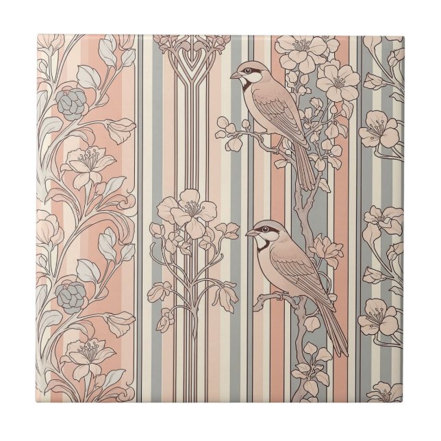 Peach Stripe Floral Bird Elegant (3) Tile (Front)