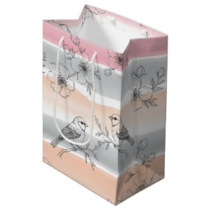 Peach Stripe Floral Bird Elegant (4) Medium Gift Bag