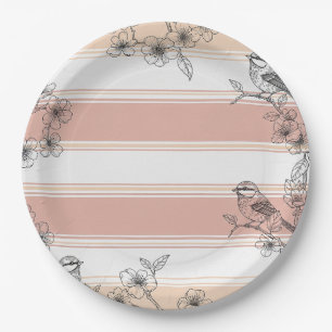 Peach Stripe Floral Bird Elegant (4) Paper Plate