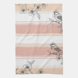 Peach Stripe Floral Bird Elegant (4) Tea Towel